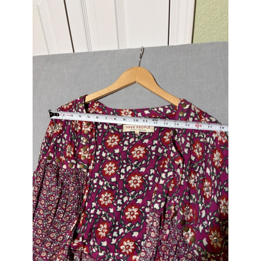FREE PEOPLE Women Multicolor Long Flare Sleeve Boho Peasant Style Blouse Sz L - Picture 10 of 15